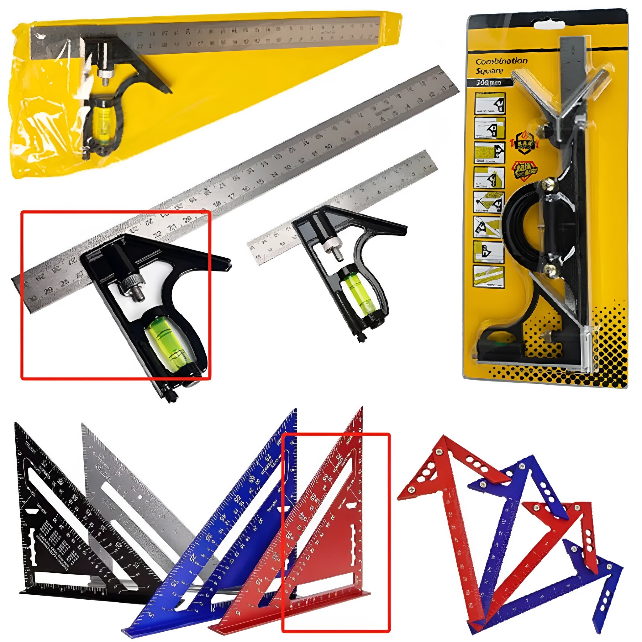Red thin 7-inch metal combination angle ruler with dual metric edges for civil surveying