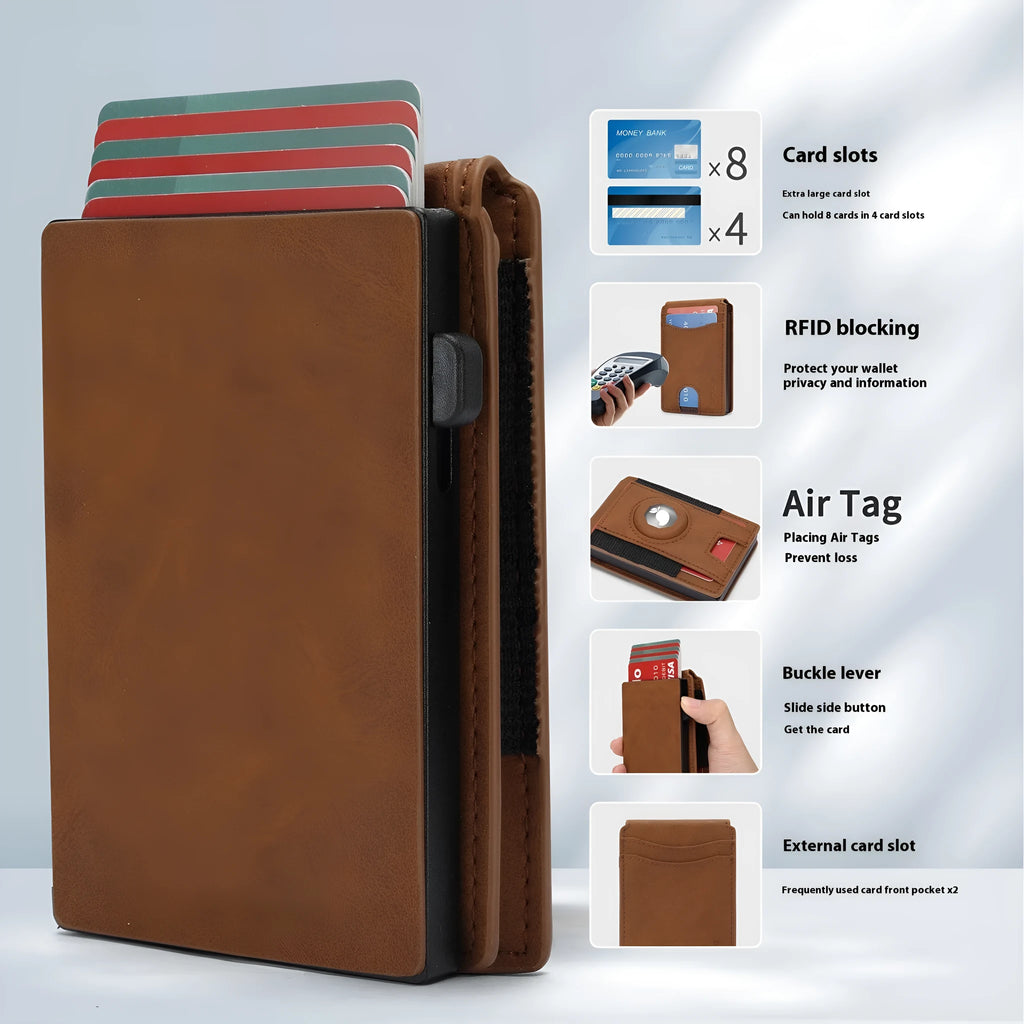 Men's slim RFID blocking card holder in synthetic leather showing black, dark brown, and light brown colour options