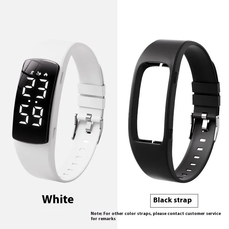 Vibration alarm smart watch with LED display on a silicone strap, shown in a choice of colours.