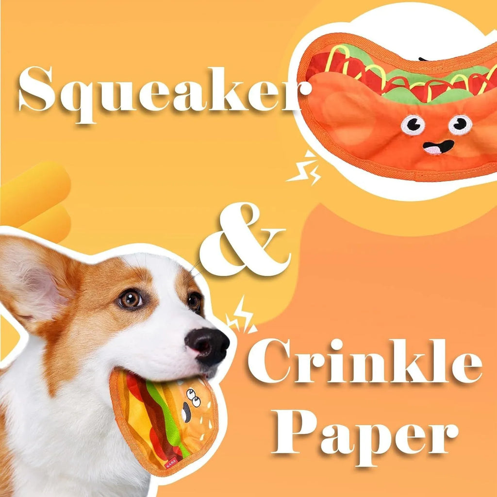 Set of four food-shaped dog toys: hamburger, fries, hot dog, and pizza, with vivid colours.