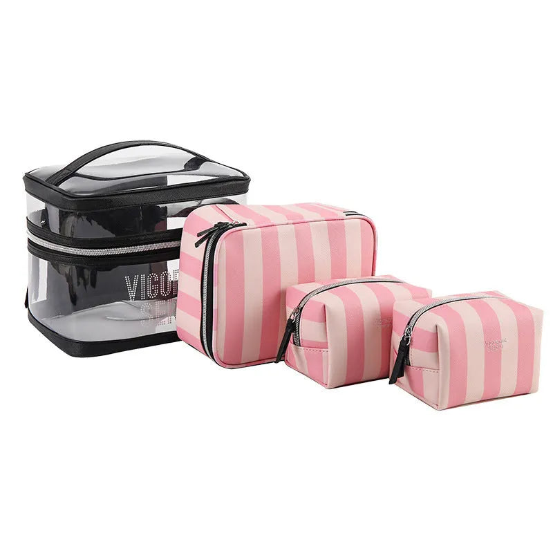 Pink bold stripes floral makeup buggy bag in synthetic leather with waterproof finish.