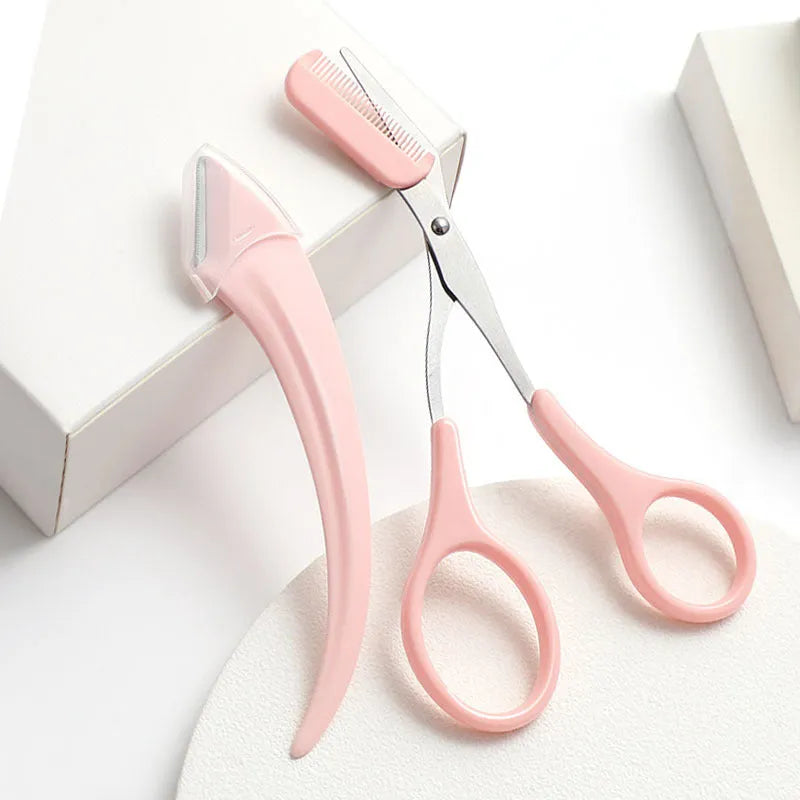 White and pink eyebrow trimming knife with curved moon comb and stainless steel blades