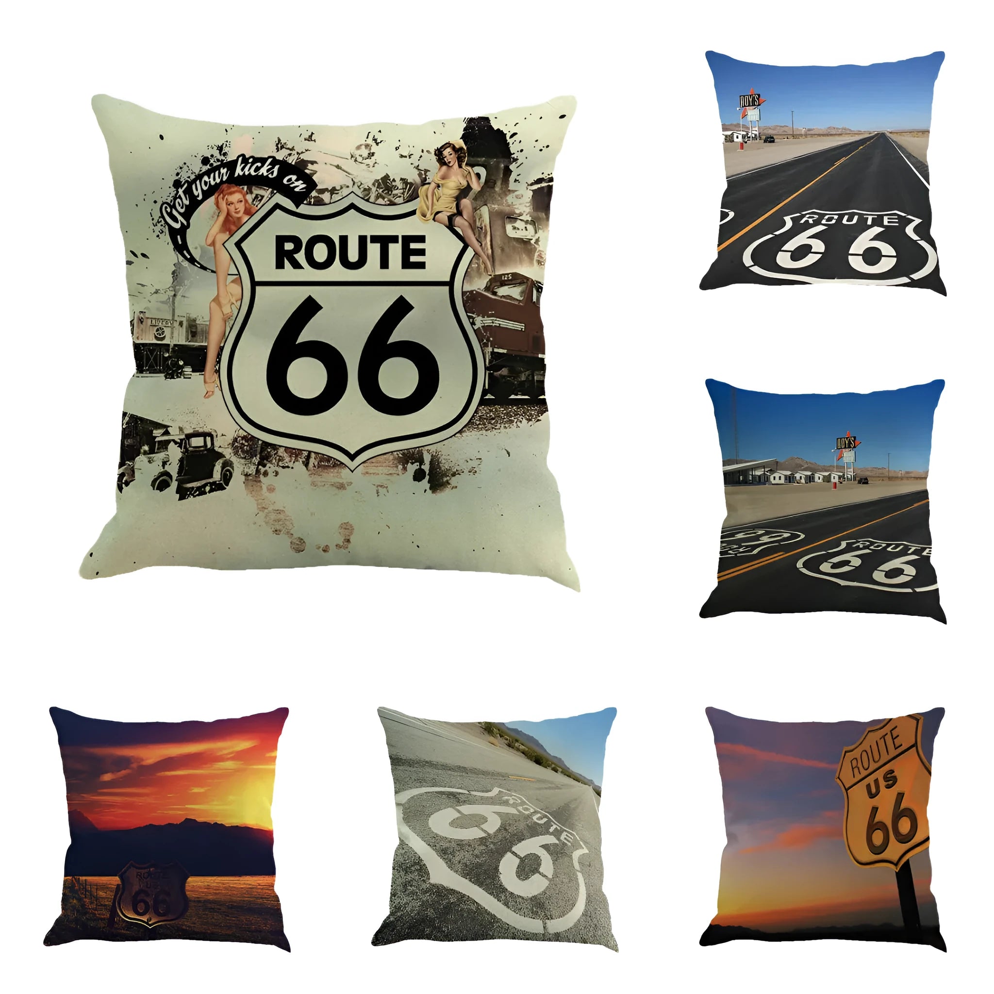 Route 66 landscape pattern on a 45cm square linen and cotton blend cushion cover.