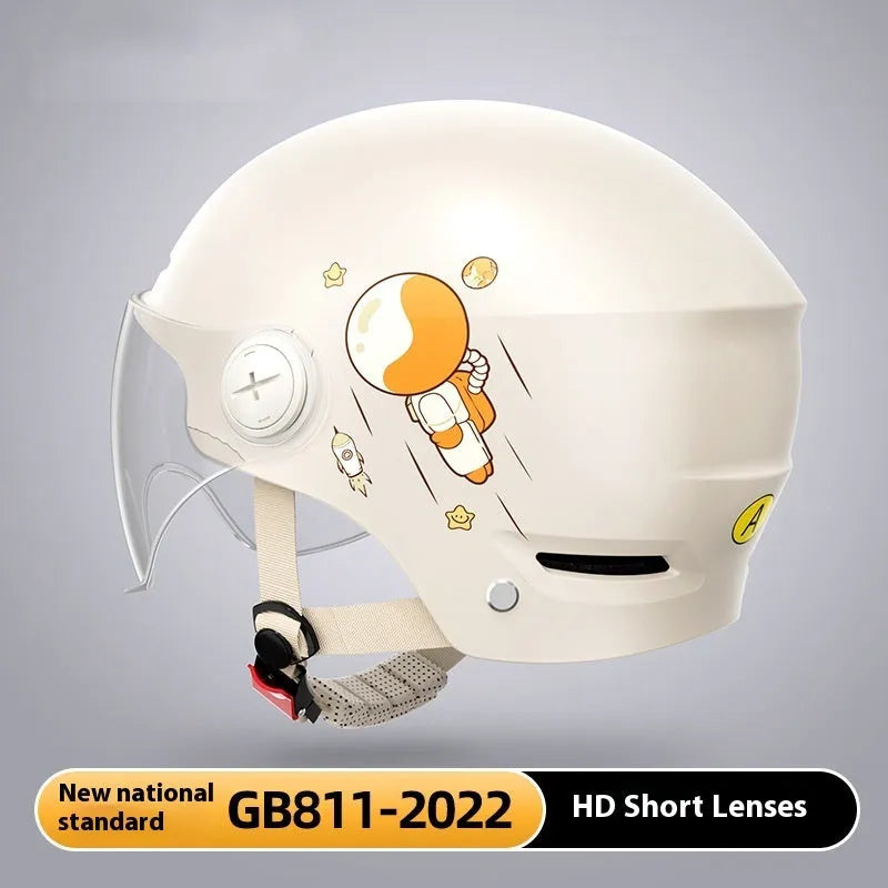 Khaki coloured motorcycle half helmet with removable visor on display