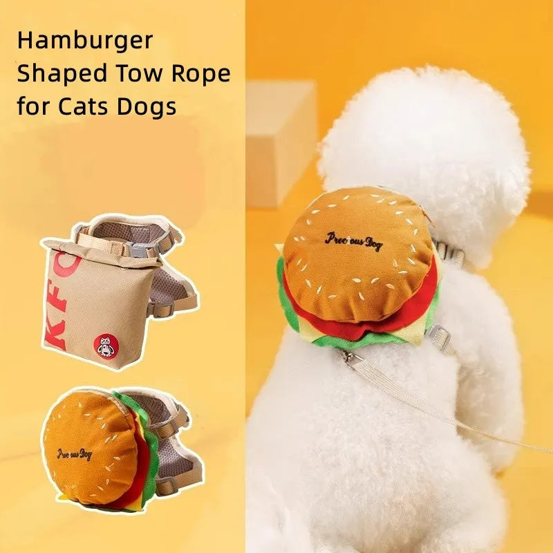 Cartoon hamburger design adjustable vest leash rope for dogs and cats in escape-proof backpack harness
