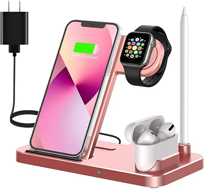 Folding 4-in-1 wireless charger in space grey colour, shown upright as a phone stand with an iPhone charging.