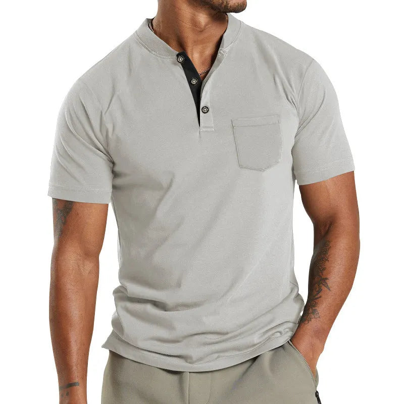 A man wearing a solid-colour plus size short sleeve button-up shirt with a chest pocket.