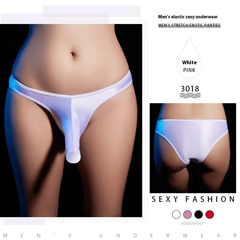 Men's shiny nylon low waist T-back underwear in black, shown from front and back.