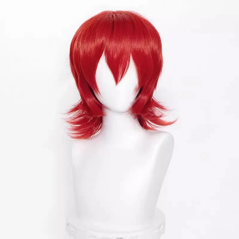 A short-style anime cosplay wig for men in a selected colour, showing its lengthened hair tail.