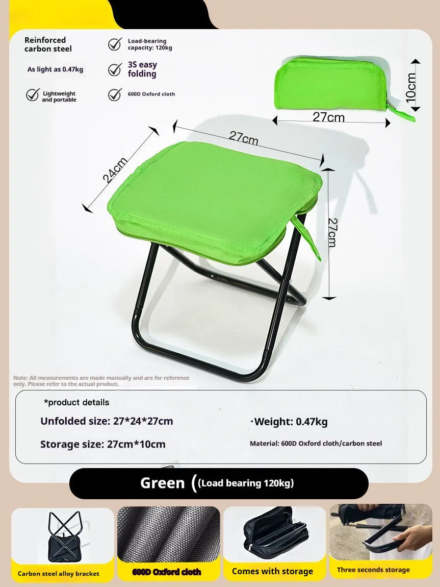 Outdoor foldable pencil box stool with Oxford cloth seat shown in khaki colour, folded and unfolded.