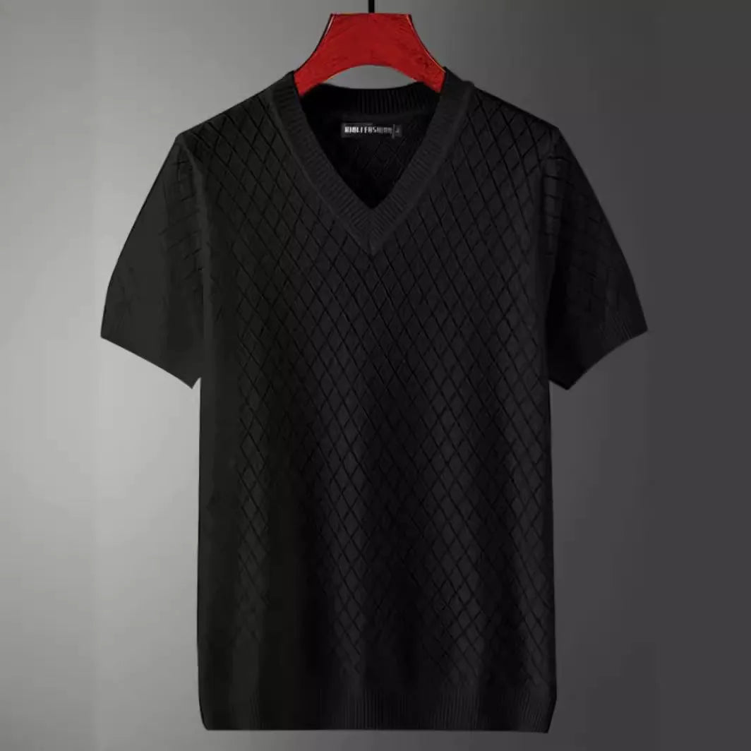 Men's ice silk V-neck t-shirt with cut-out detail in black colour, plus size Korean style summer casual top