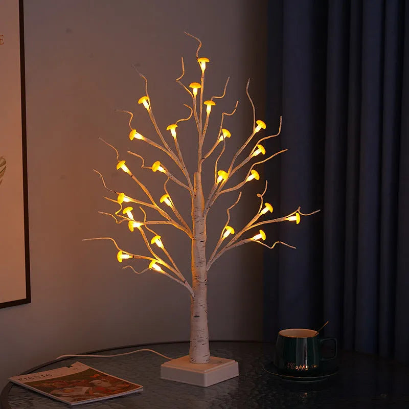60cm tall white birch tree LED lamp with 24 small red detachable mushroom ornaments