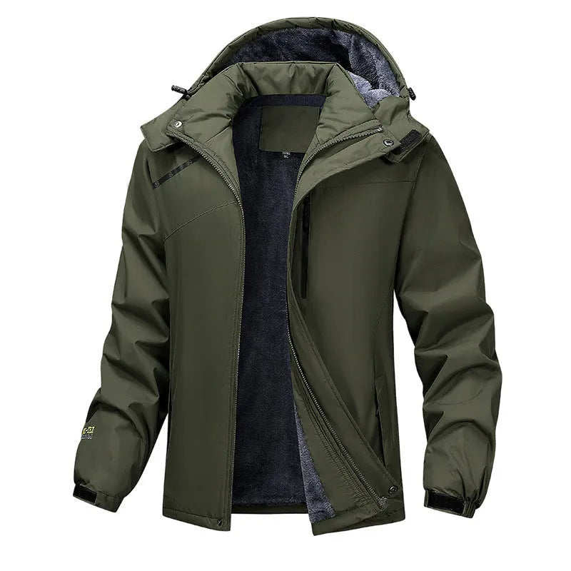 Men's plus size waterproof winter coat in loose fit with hood, available in Army Green, Black, Dark Gray and White colours