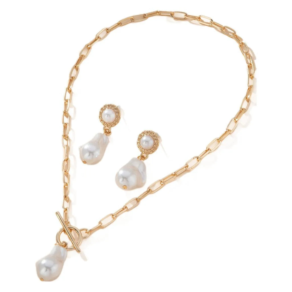 Gold-colour retro baroque pearl pendant necklace and matching ear stud jewellery set