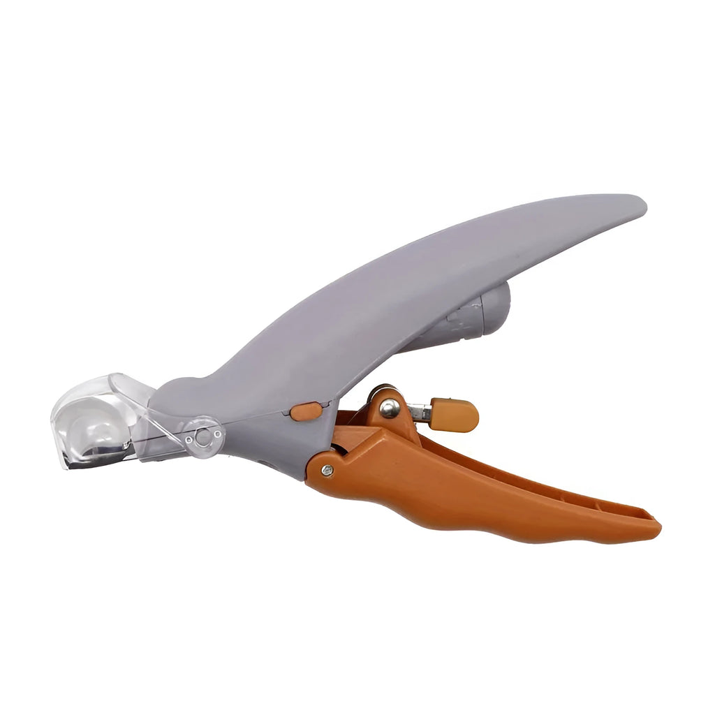 Yellow handheld LED pet nail trimmer with magnifying glass and steel blades for cats and dogs