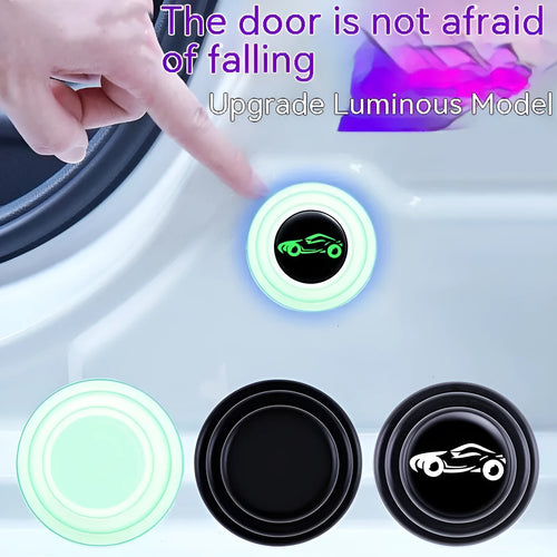 Silicone car door shock pads in black and luminous colours showing 20mm size and adhesive backing
