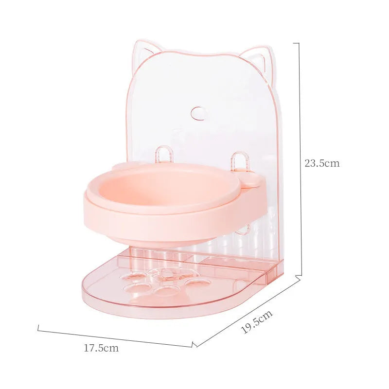 Grey cat ear design pet bowl with removable hanging cage attachment on white background