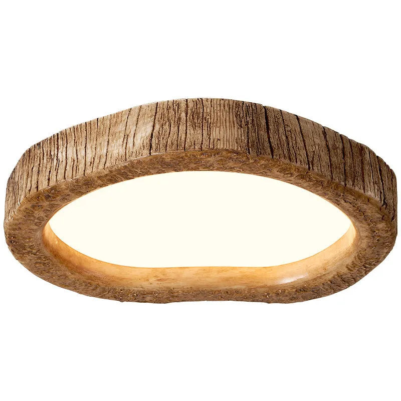 Round wood grain finish ceiling lamp in New Chinese style hanging from a ceiling.