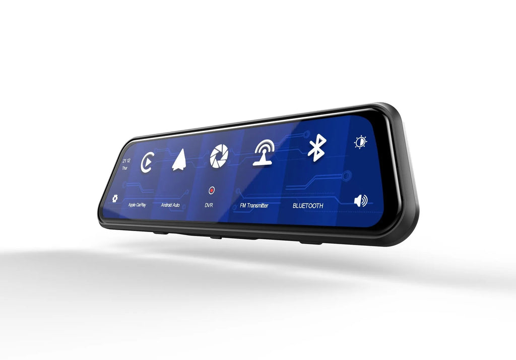 Dual-lens driving recorder with 9.66-inch touchscreen installed at rearview mirror position