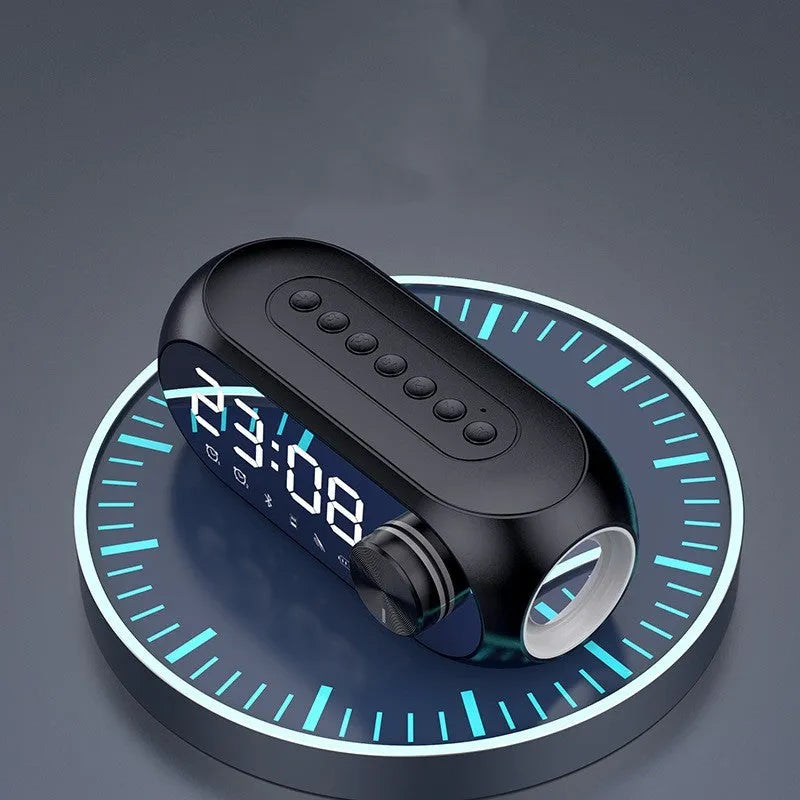 Extra bass portable mini clock in black, white, or blue colours with USB charging cable