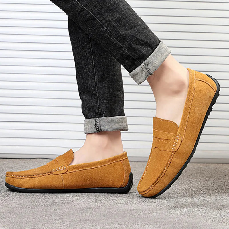 Men's suede slip-on loafers in solid colours with round toe and rubber sole