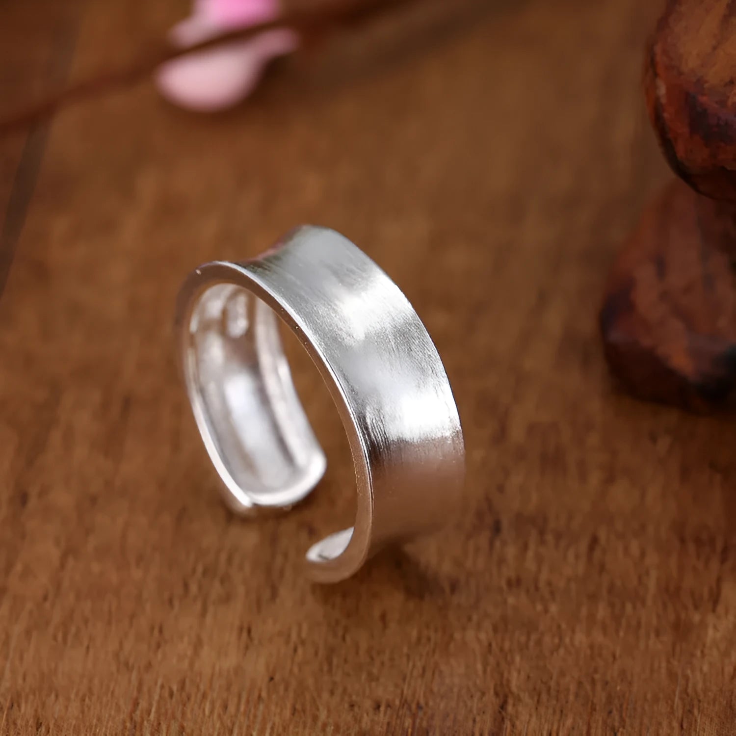 Sterling silver geometric open ring with frosted finish and adjustable opening