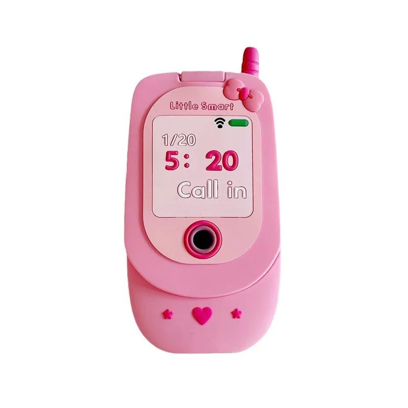 Pink silicone flip phone shape case with a mirror, designed for iPhone models.