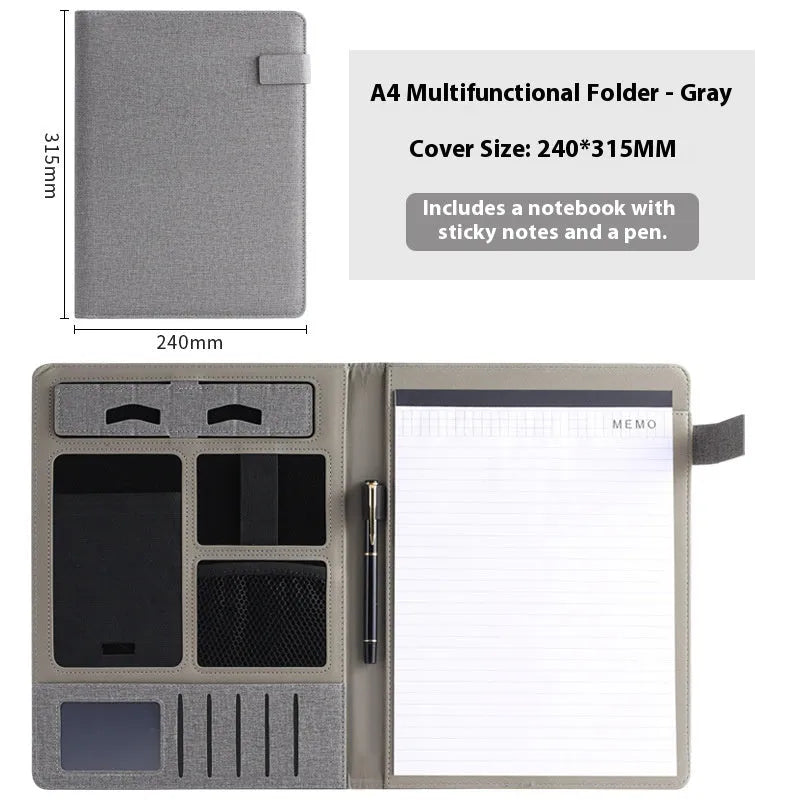 A4 leather business folder in black colour showing document storage and pen holder
