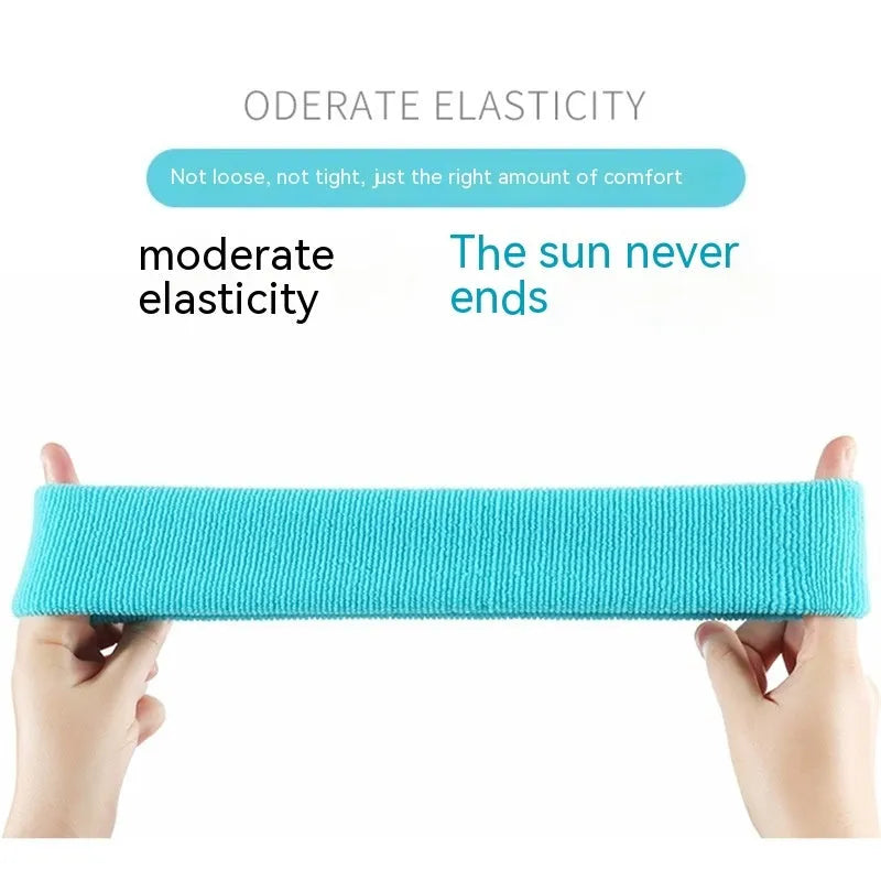Elastic widening sports sweat band in black, blue, red, rose red, and sky blue solid colours.