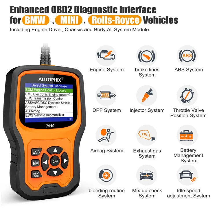 Autophix 7910 BMW diagnostic scanner with OBD2 connector for vehicle fault code reading