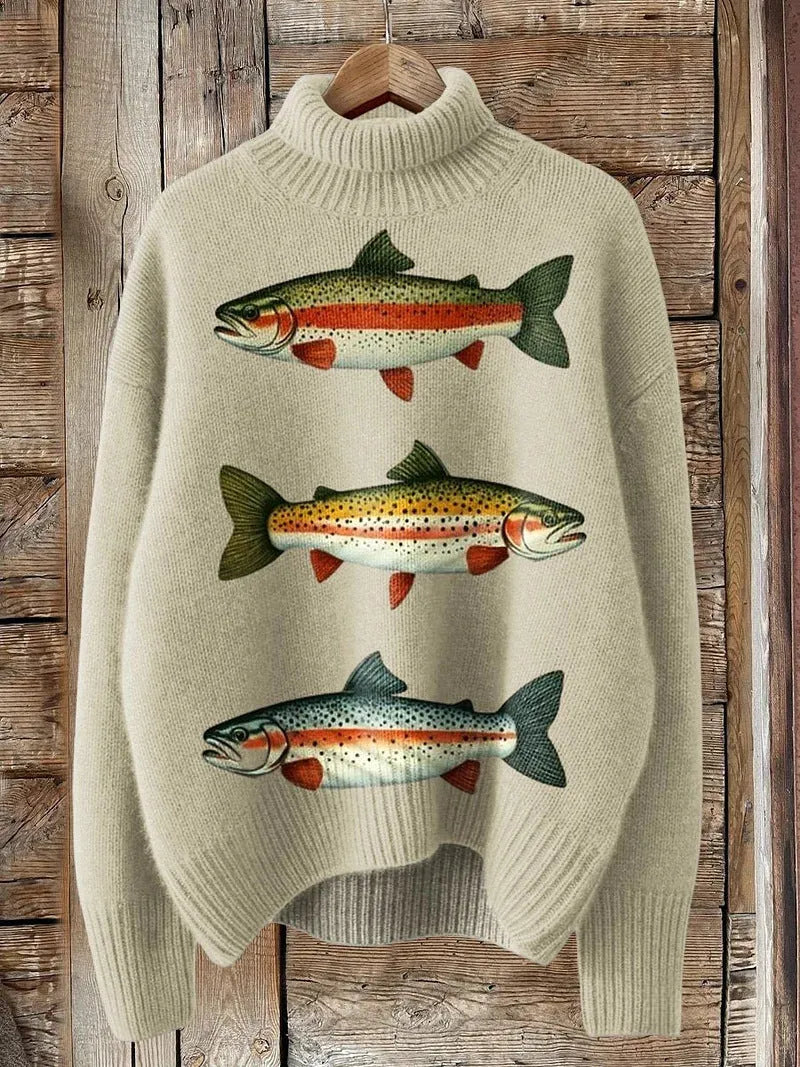 Women's Christmas printed turtleneck sweater with painting pattern in macaron colours, loose casual style