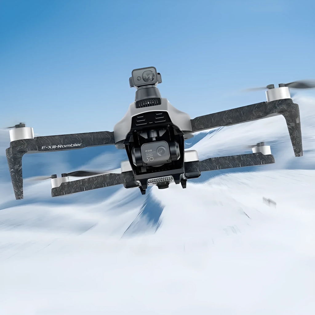 White folding quadcopter drone with 4K camera, three-axis gimbal, and obstacle avoidance sensors in folded position