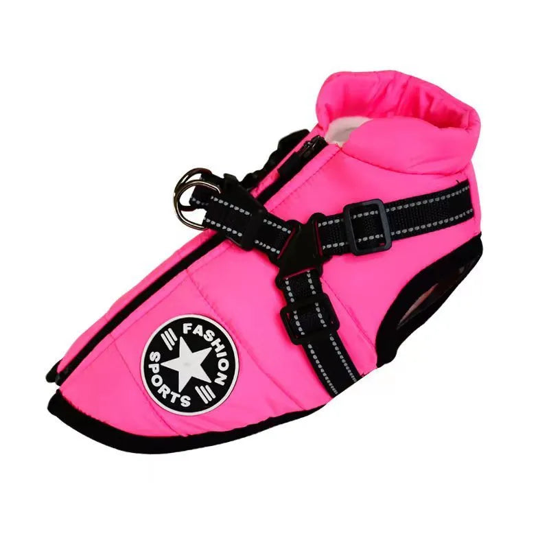 Red waterproof dog coat with integrated harness on a Labrador.