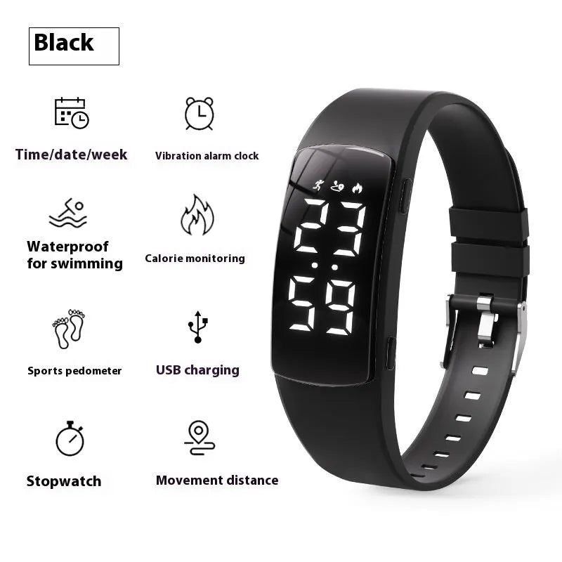 Vibration alarm smart watch with LED display on a silicone strap, shown in a choice of colours.
