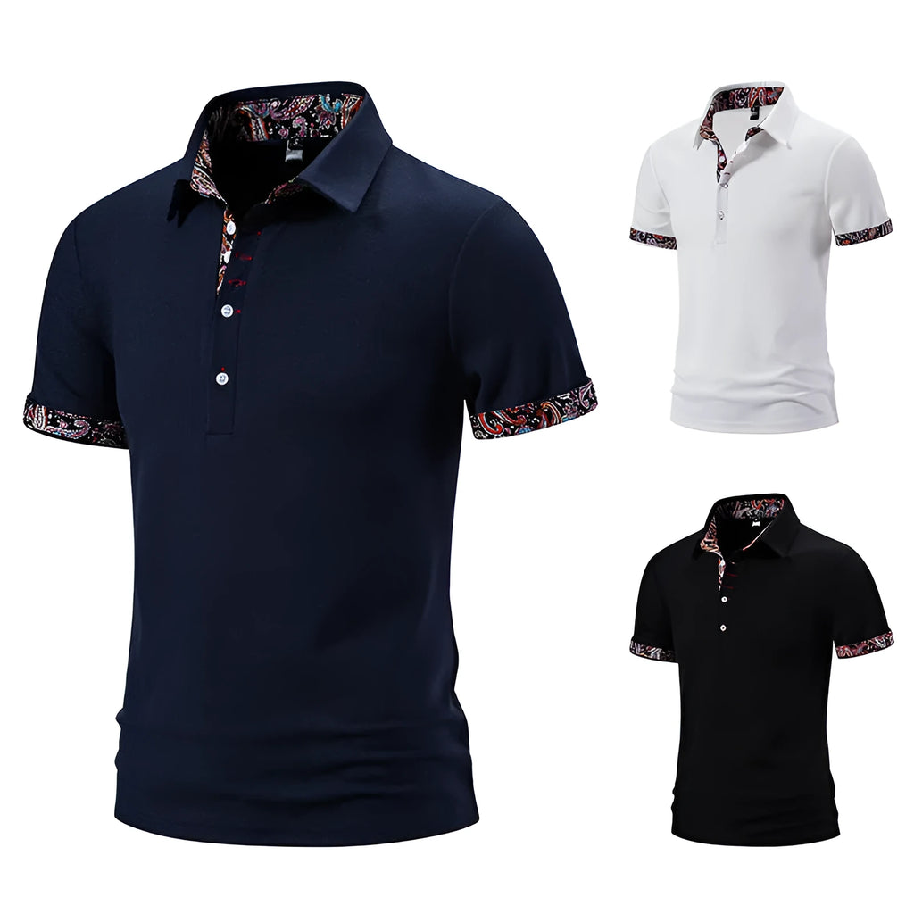 Men's short sleeve polo shirt in cotton blend fabric, showing turnover collar, available in white, black, and navy blue.