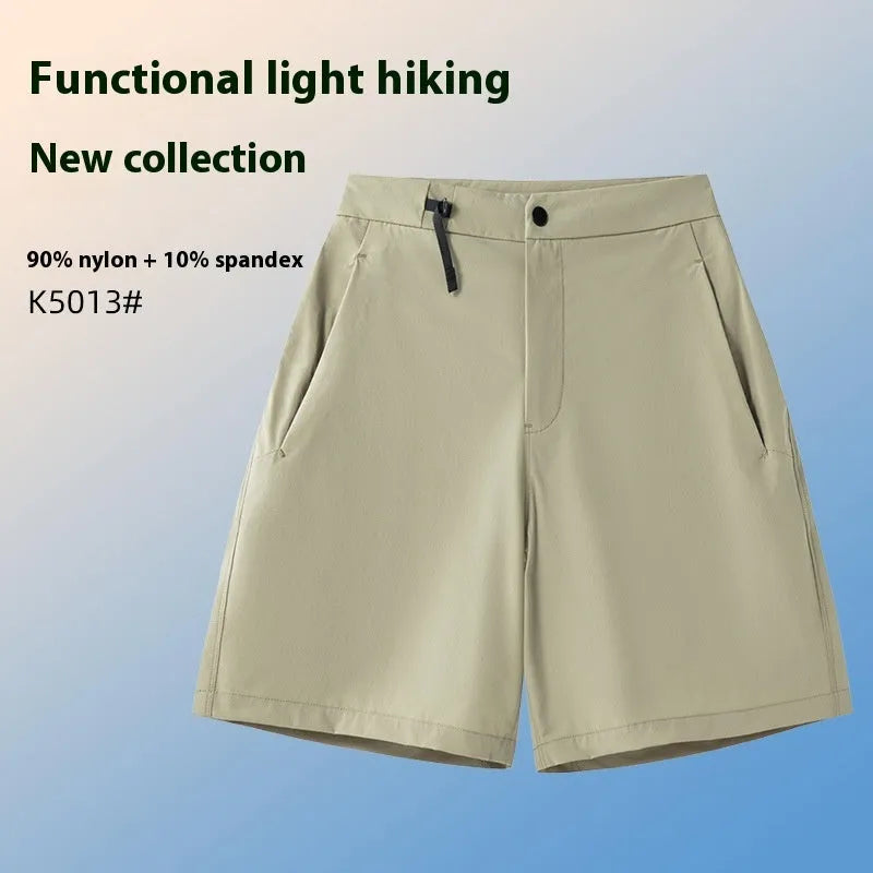 Men's quick-drying nylon spandex sports shorts in khaki colour with elastic waist and 3D cut design.