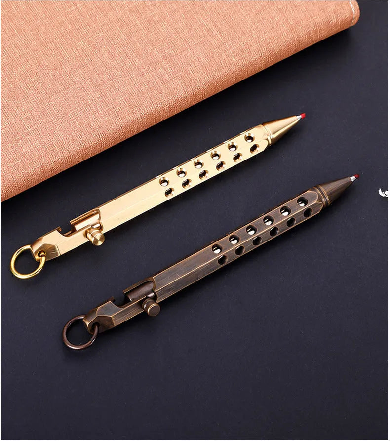 Brass hexagonal bolt pen showing six-sided shape and metallic construction with 0.5mm writing head
