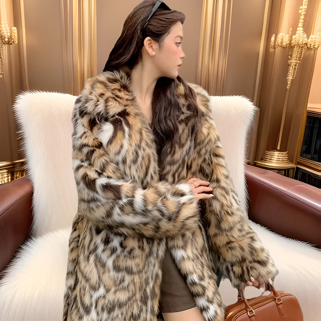 Women's faux fur street fashion coat with fur collar in 80cm length