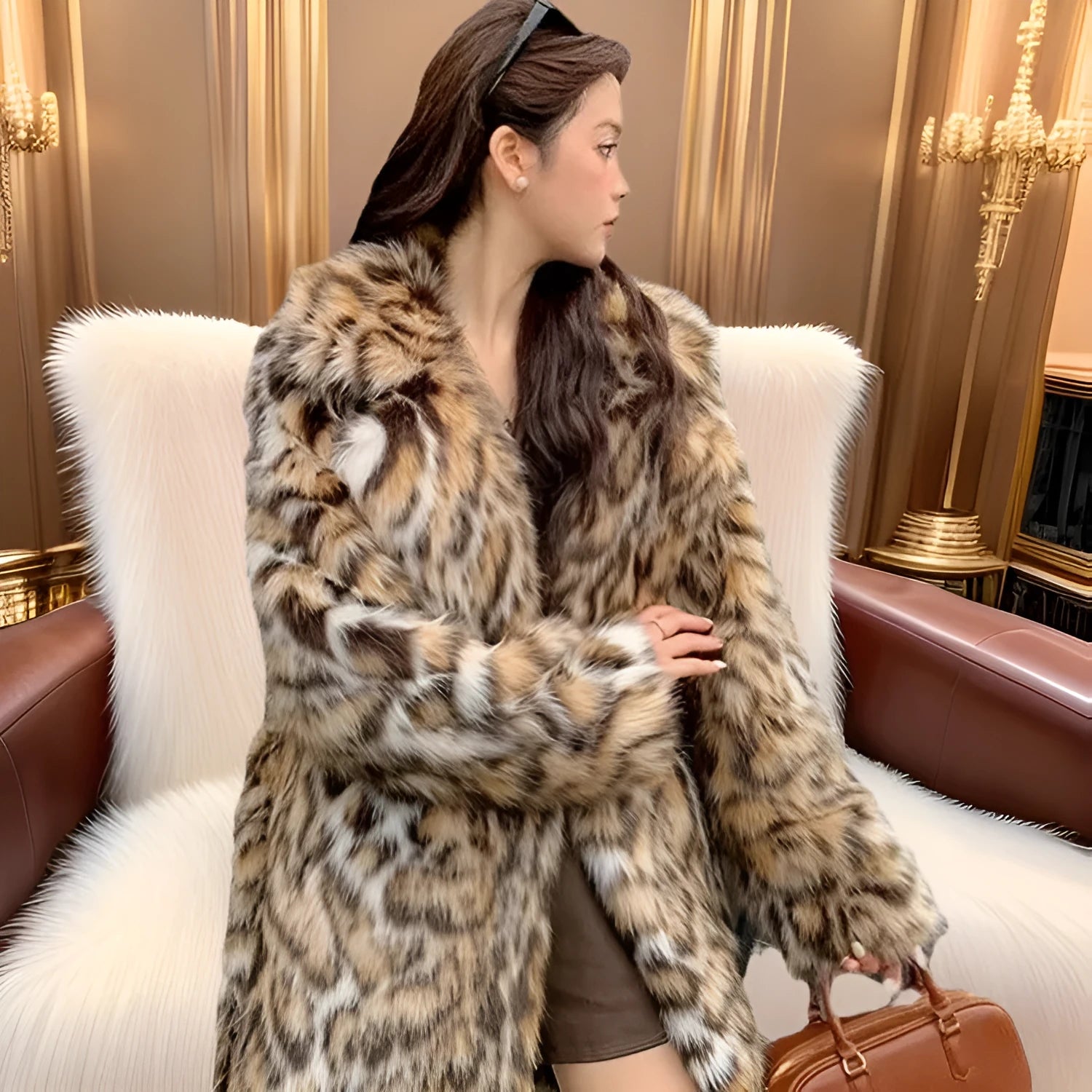 Women's faux fur street fashion coat with fur collar in 80cm length