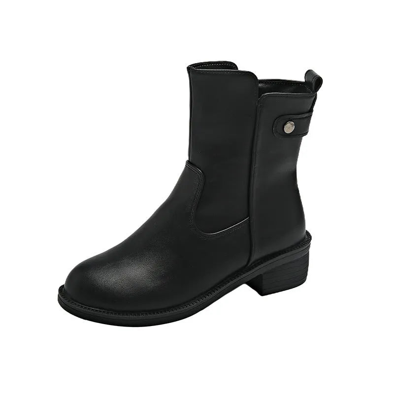 Black women's low heel side zip ankle boots with round toe on a white background.