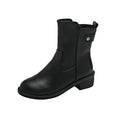 Black women's low heel side zip ankle boots with round toe on a white background.