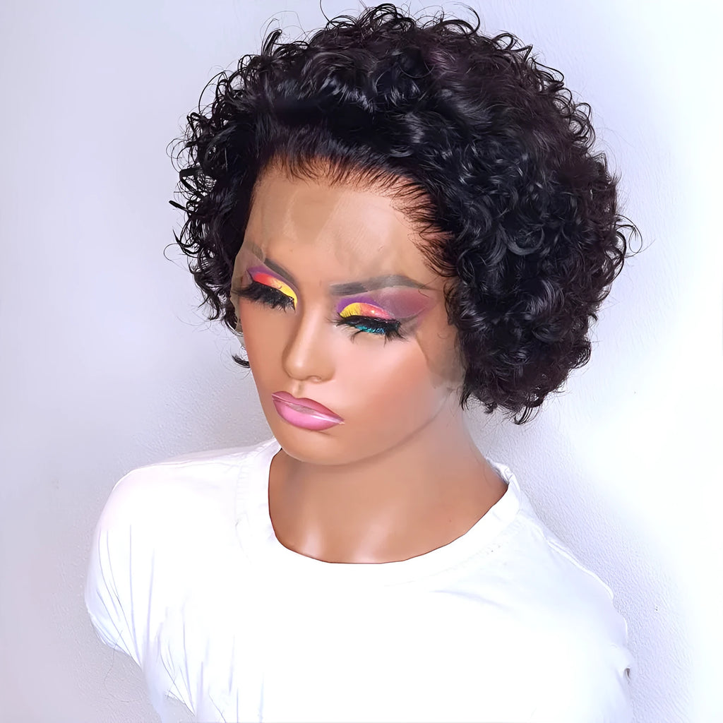 Black human hair lace front pixie wig showing natural hairline