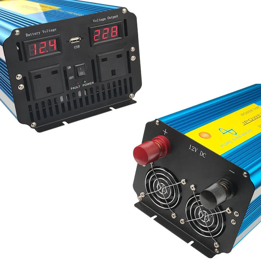 Blue 3000W car power inverter with digital displays showing conversion from 12V/24V to 220V with remote control