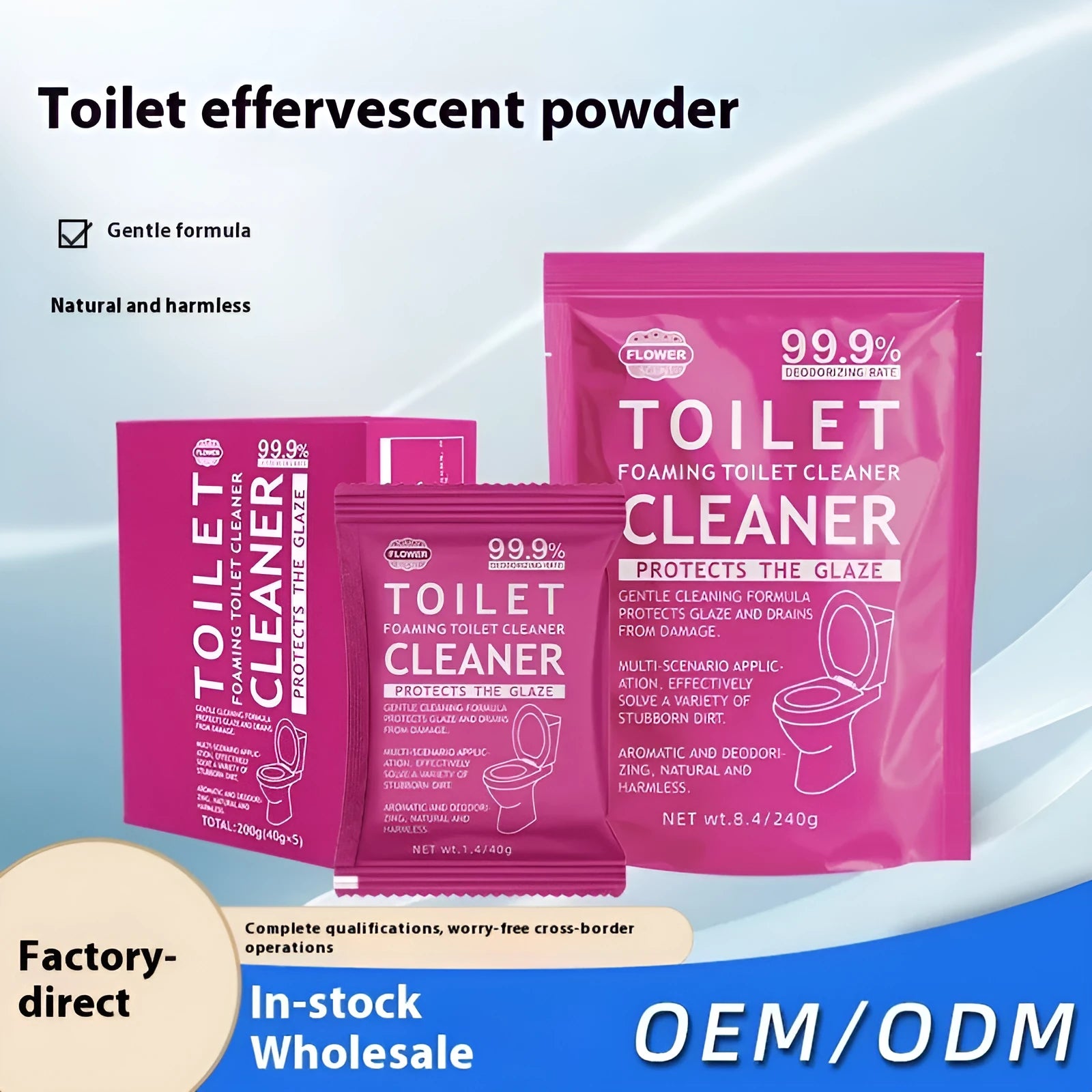 Toilet bubble powder descaling cleaner in blue ocean and pink floral fragrance, showing 240g bag and box of 5 sachets.