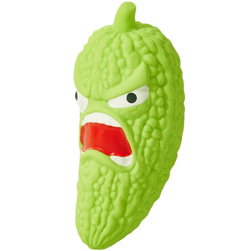 Bitter melon and chili shaped dog toy with textured teeth-cleaning surfaces and pet sound feature