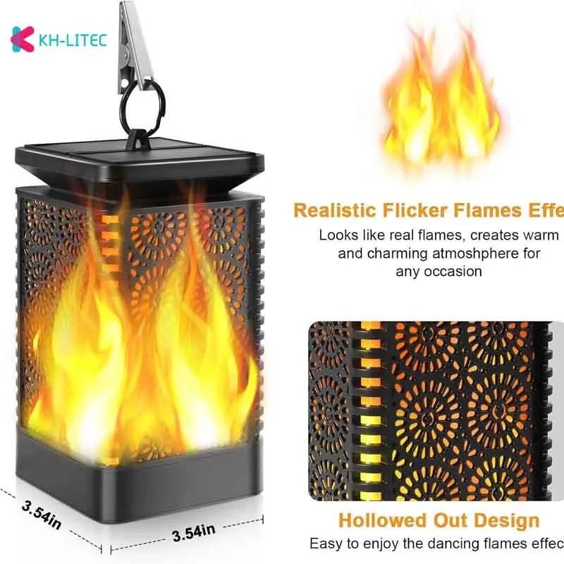 Black solar-powered hanging lantern with flickering LED flame light effect for garden decoration.