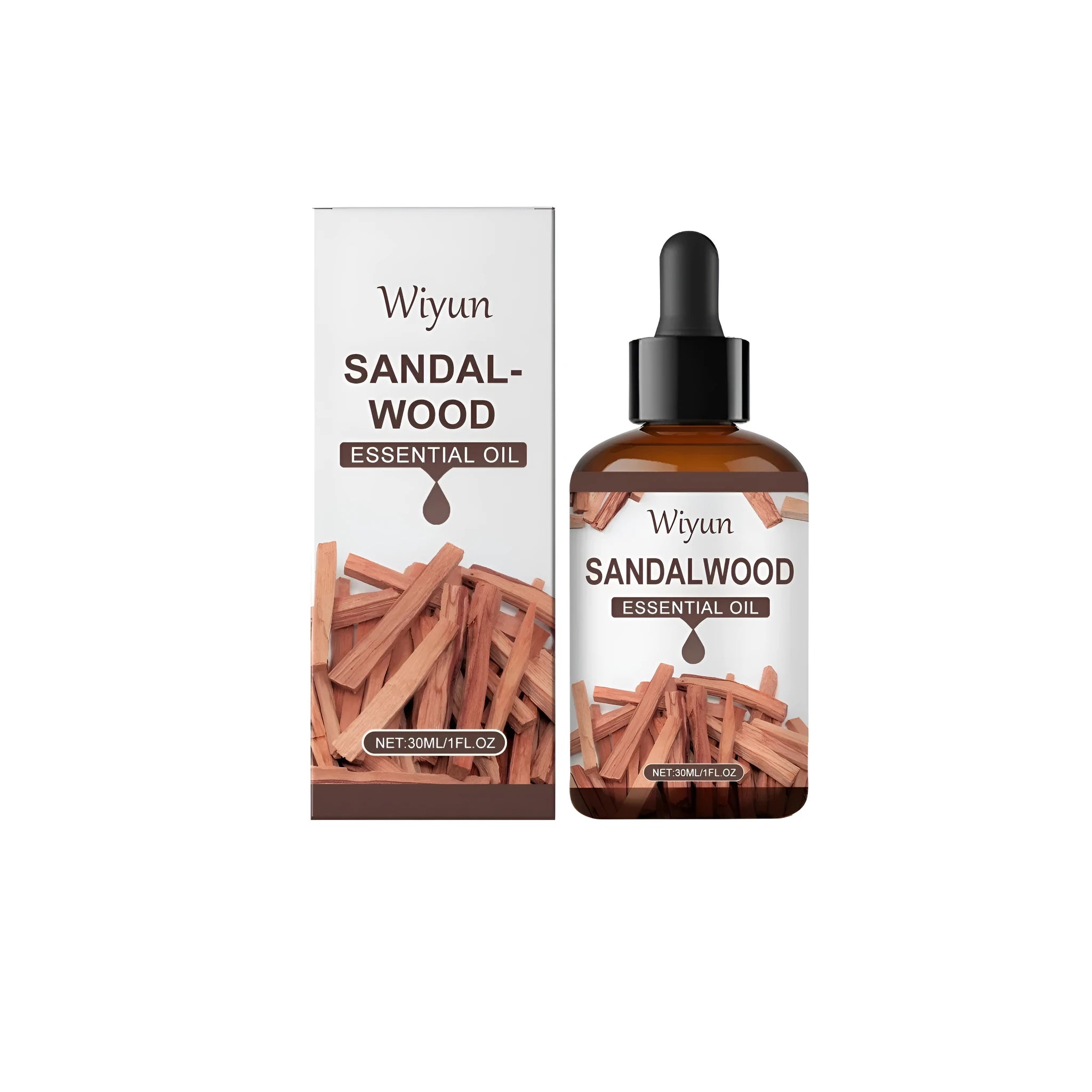 30ml amber glass bottle of sandalwood essential oil for aromatherapy use