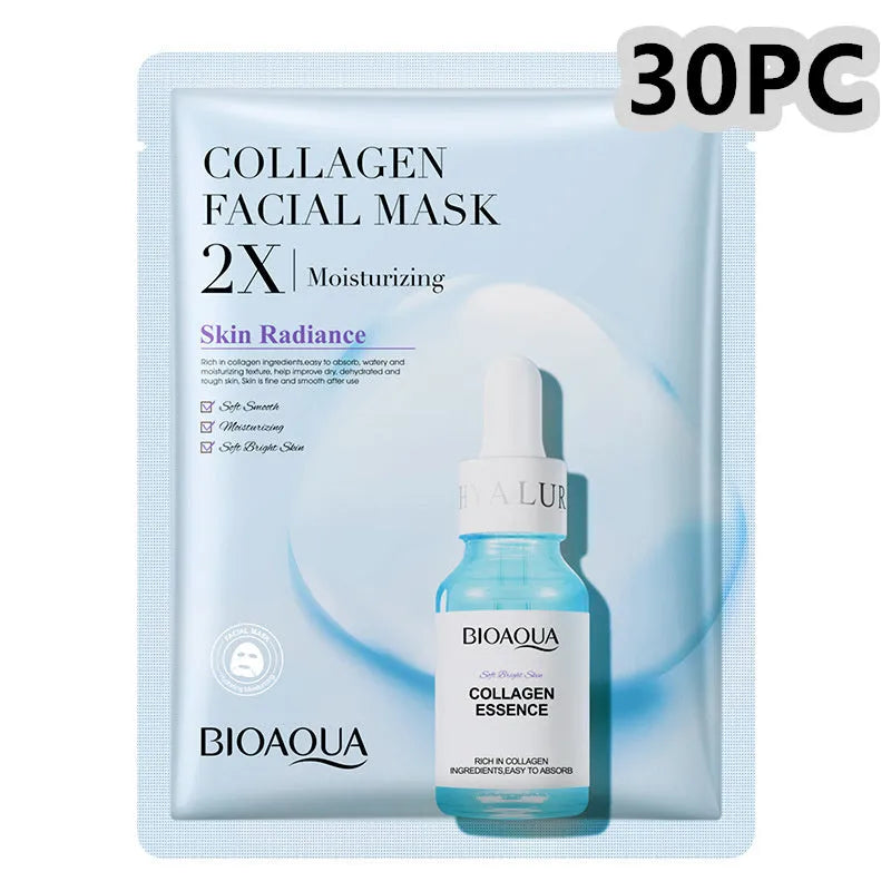 Single white collagen and hyaluronic acid facial sheet mask, 30g gel treatment.