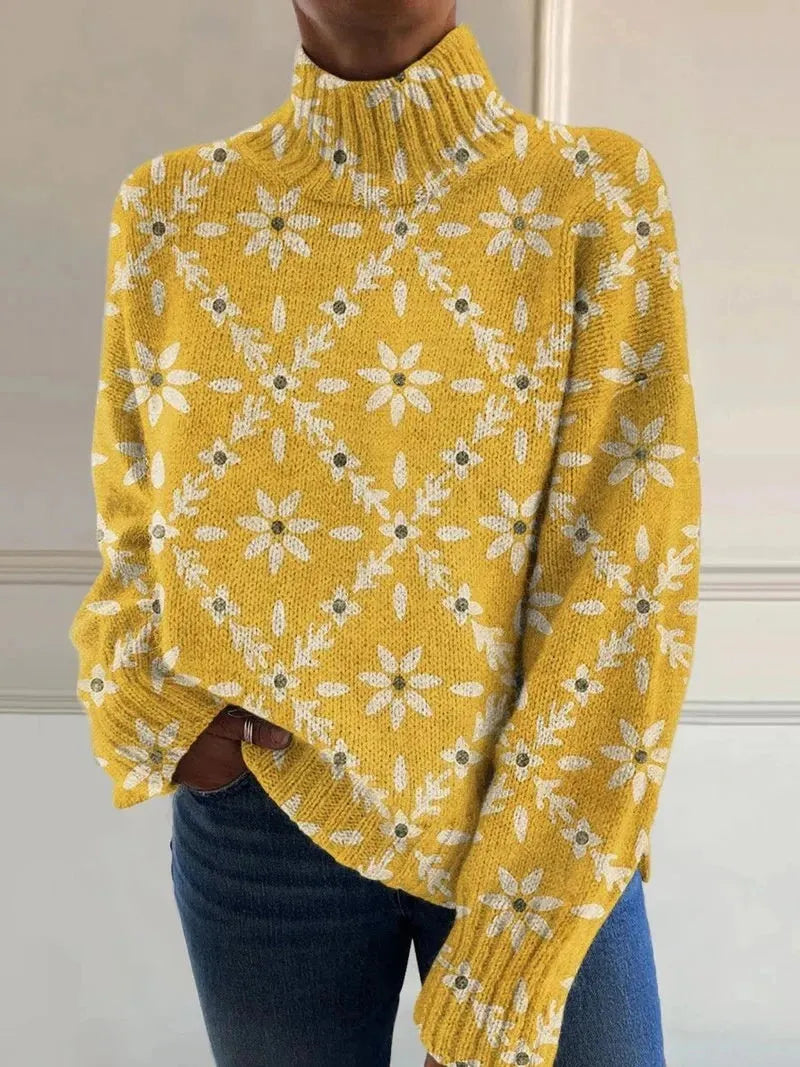 Women's Christmas printed turtleneck sweater with painting pattern in macaron colours, loose casual style