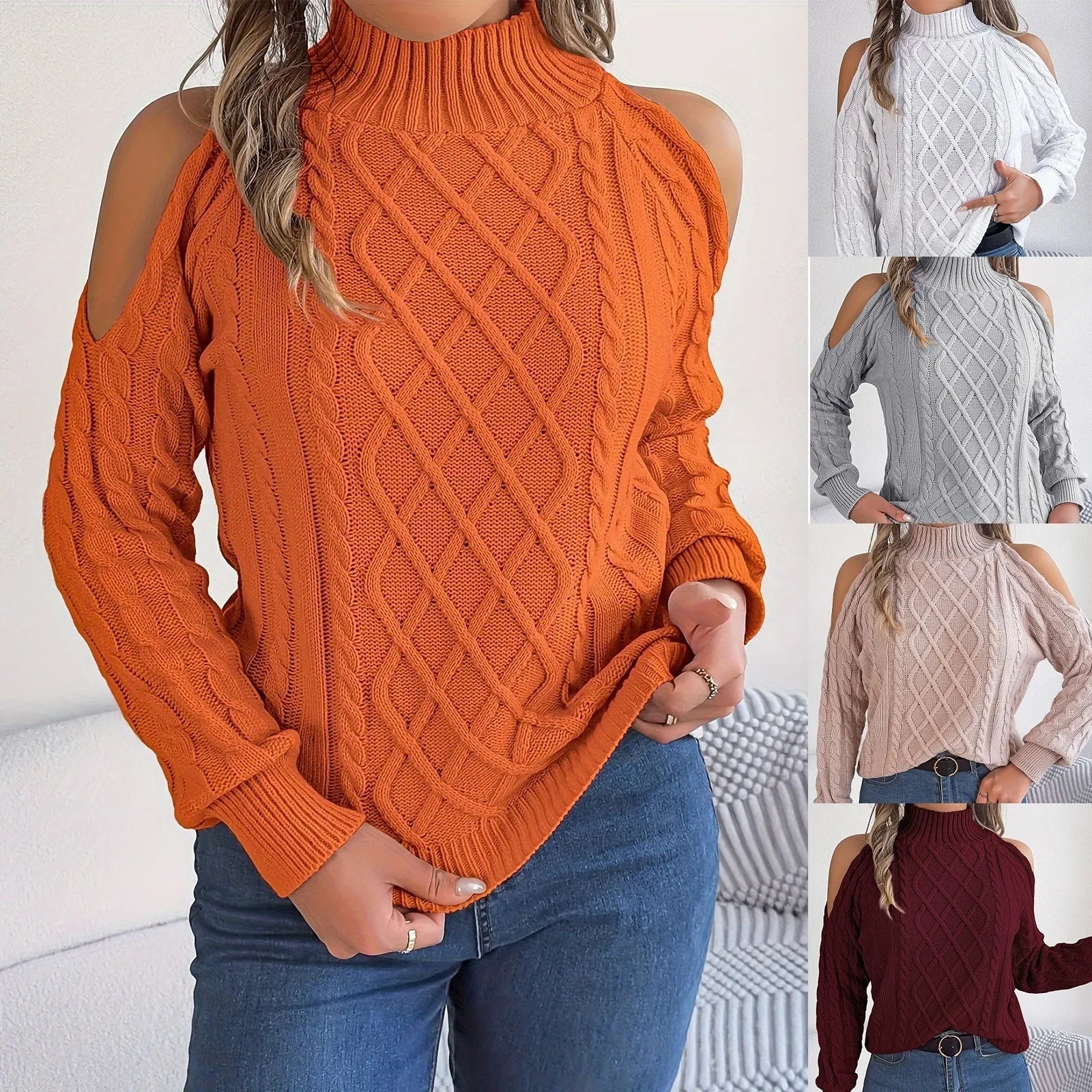 Women's twisted pattern strapless pullover sweater with lantern sleeves in acrylic knitwear
